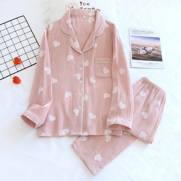 Spring New Ladies Pajamas Set Heart Printed Crepe Cotton Double-layer Gauze Turn-down Collar Long-sleeve Trousers Household Wear - Lakhufashion