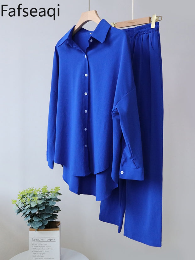 Spring Summer Blue Trouser Suit Set for Women Office Wear Chic Shirts Two Piece Suit Women Elegant Wide Pants Outfits Tracksuit - Lakhufashion
