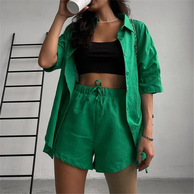 Loung Wear Women's Home Clothes Stripe Long Sleeve Shirt Tops and Loose High Waisted Mini Shorts Two Piece Set Pajamas - Lakhufashion