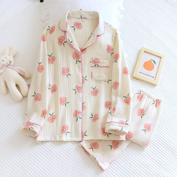 Spring New Ladies Pajamas Set Heart Printed Crepe Cotton Double-layer Gauze Turn-down Collar Long-sleeve Trousers Household Wear - Lakhufashion