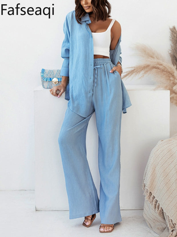Spring Summer Blue Trouser Suit Set for Women Office Wear Chic Shirts Two Piece Suit Women Elegant Wide Pants Outfits Tracksuit - Lakhufashion