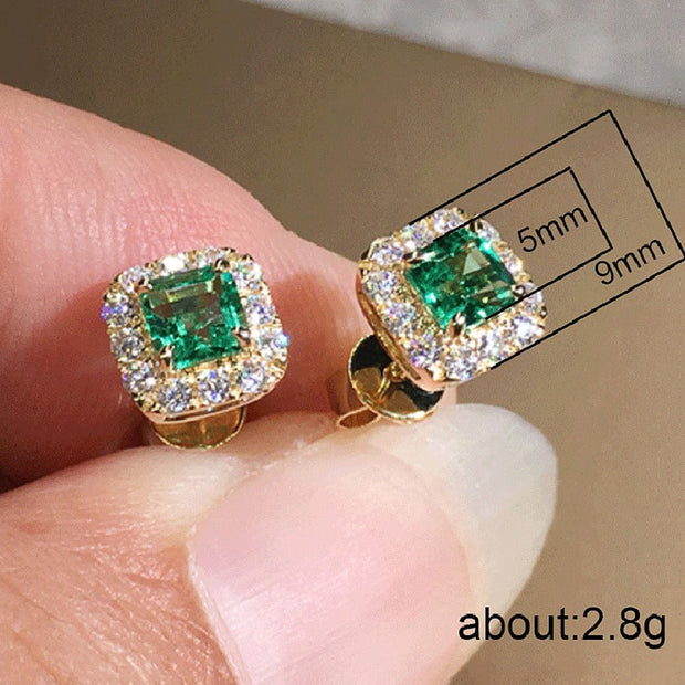 Huitan Eternity Green CZ Stud Earrings for Women Gold Color Luxury Bride Wedding Earrings Elegant Ear Accessories Party Jewelry - Lakhufashion