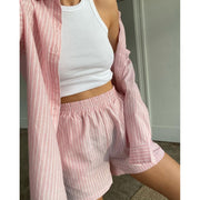 Loung Wear Women's Home Clothes Stripe Long Sleeve Shirt Tops and Loose High Waisted Mini Shorts Two Piece Set Pajamas - Lakhufashion