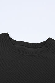 Black Textured Loose Fit T Shirt and Drawstring Pants Set Lakhufashion
