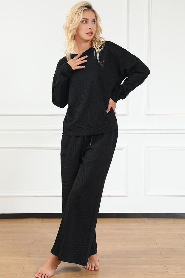 Black Textured Loose Slouchy Long Sleeve Top and Pants Set - Lakhufashion