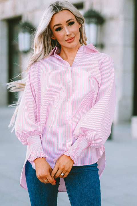 Pink Striped Casual Shirred Cuffs Shirt Lakhufashion