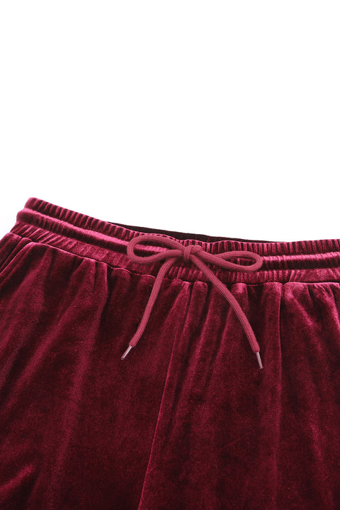 Red Solid Velvet Round Neck Top & Drawstring Pants Longe Set Lakhufashion