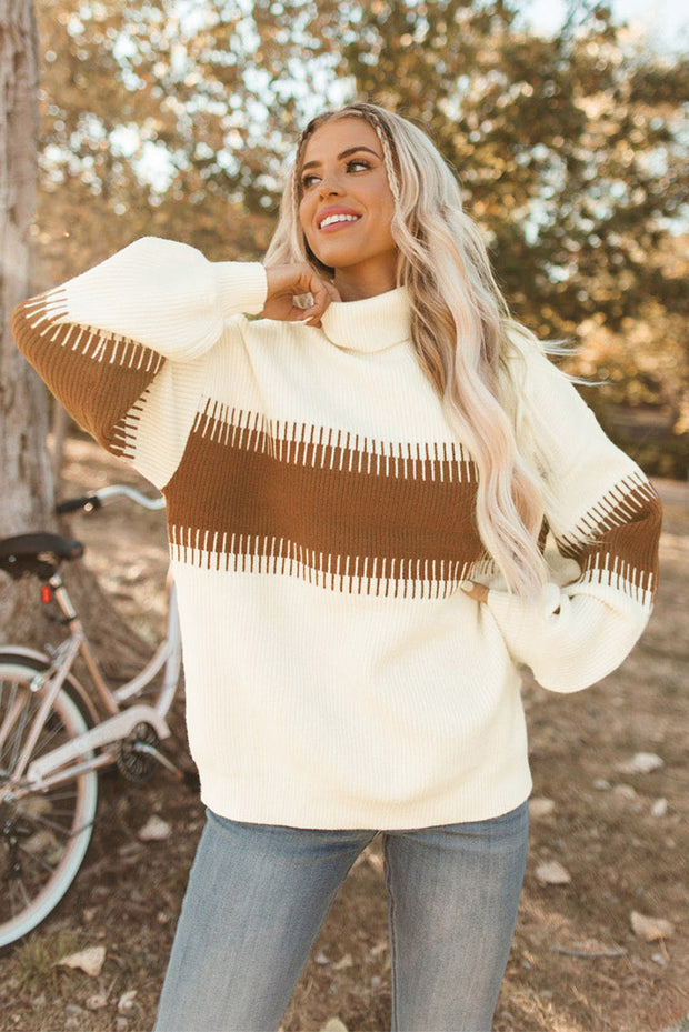 White Ribbed High Neck Bishop Sleeve Sweater Lakhufashion