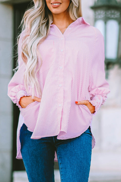 Pink Striped Casual Shirred Cuffs Shirt Lakhufashion