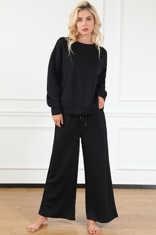 Black Textured Loose Slouchy Long Sleeve Top and Pants Set - Lakhufashion