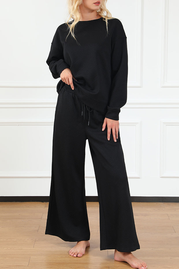 Black Textured Loose Slouchy Long Sleeve Top and Pants Set - Lakhufashion