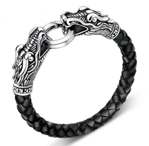 Leather Tibetan silver men bracelet titanium fashion male vintage accessories parataxis dragon bracelet men jewelry - Lakhufashion