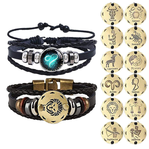 2pcs 12 Constellation Bracelet  Zodiac Sign Black Braided Leather Bangle Aries Leo Libra Luminous Dome Jewelry Punk Men Bracelet - Lakhufashion