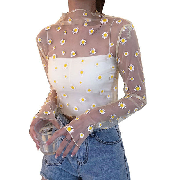 Summer New Women Sunscreen Inner Wear Chiffon mesh Shirt Thin Shirt Butterfly Perspective Mesh Half-high Tops mesh bottom shirt - Lakhufashion