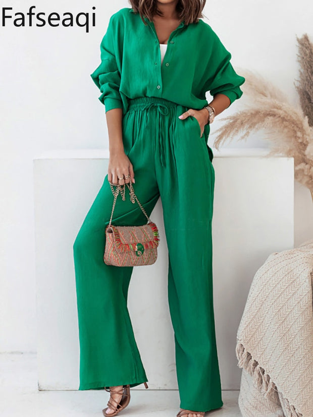 Spring Summer Blue Trouser Suit Set for Women Office Wear Chic Shirts Two Piece Suit Women Elegant Wide Pants Outfits Tracksuit - Lakhufashion